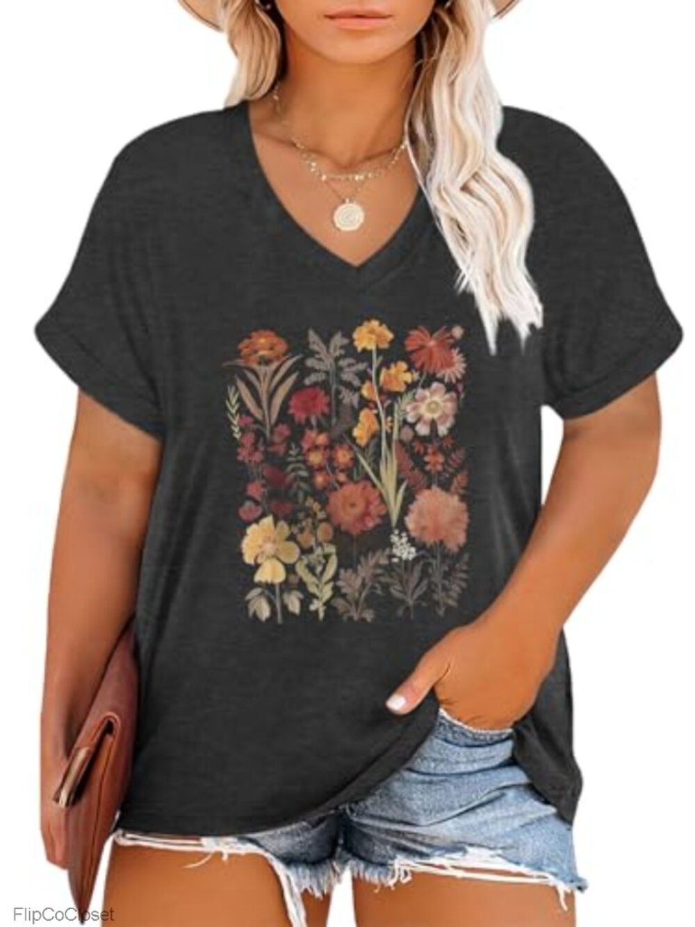 Womens Plus Size Floral V-Neck T-Shirt Short Sleeve Casual Summer Top